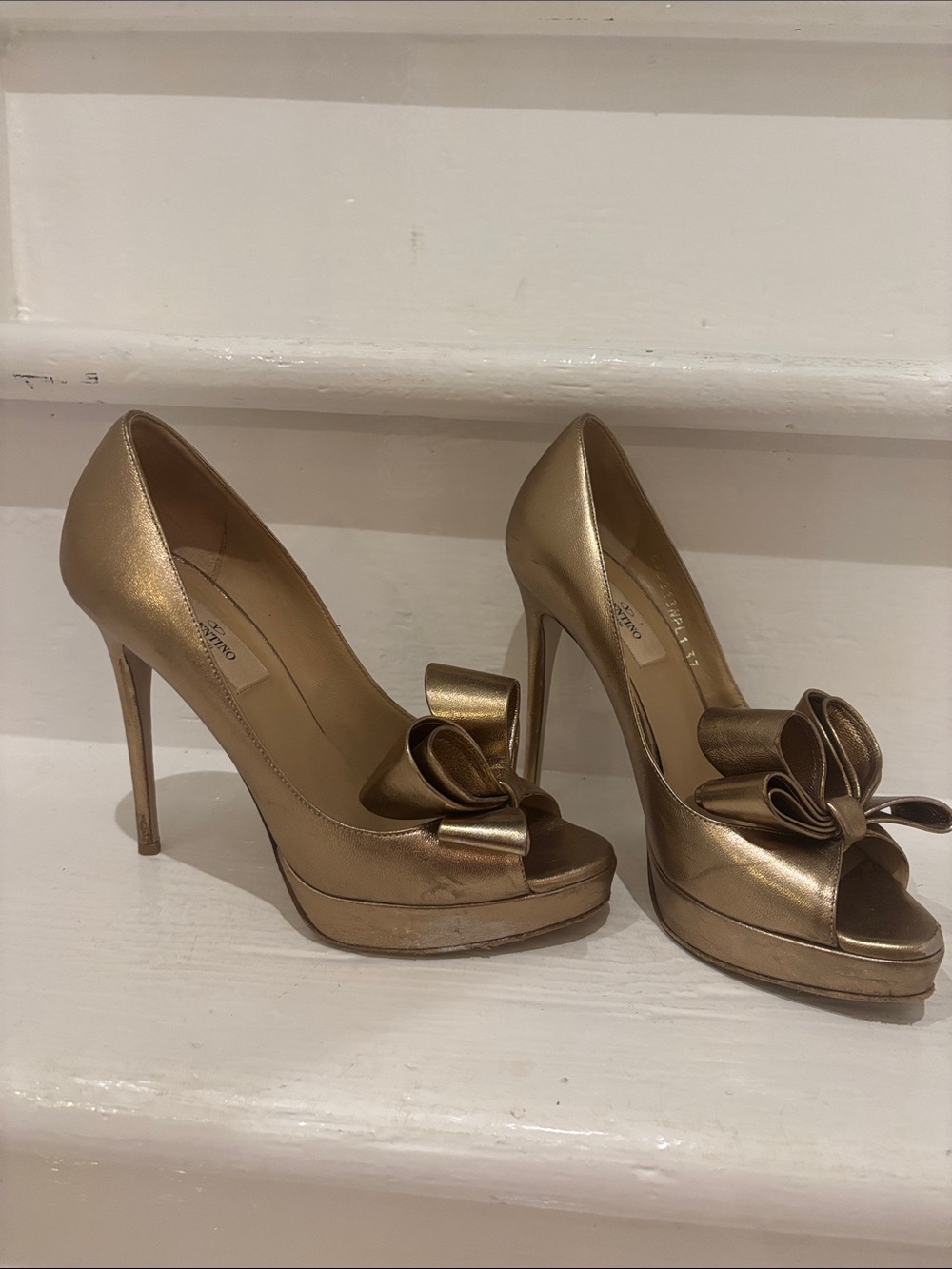 Valentino Garavani Metallic Gold Peep-Toe Bow Platform Pumps